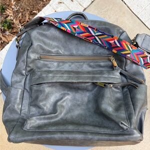 Gray Faux Leather Backpack with Colorful Shoulder Strap